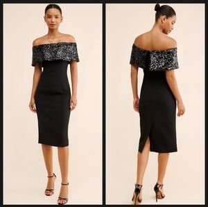 Sachin + Babi Black Crepe Off The Shoulder Midi Naira Dress